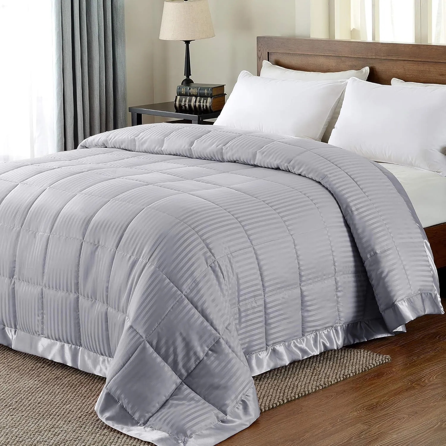 100% Cotton Lightweight Down Alternative Blanket with Satin Trim,Oversized King Size 600 GSM,Soft Fluffy,Baffle Box Stitched Only Comforter with 2 Pillowcovers(3 PC | Silver)