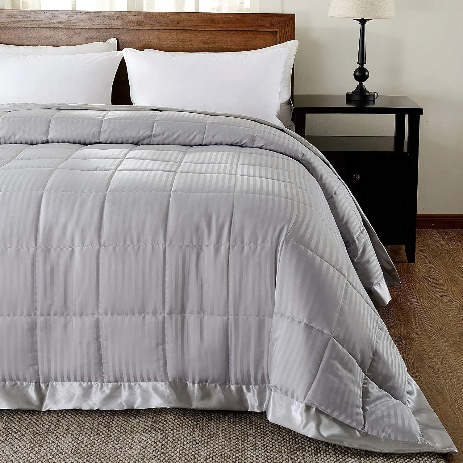 100% Cotton Lightweight Down Alternative Blanket with Satin Trim,Oversized King Size 600 GSM,Soft Fluffy,Baffle Box Stitched Only Comforter with 2 Pillowcovers(3 PC | Silver)