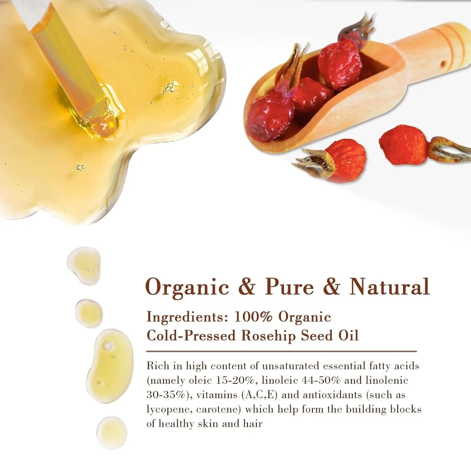 100% Pure Natural Rosehip Oil for Face, USDA Certified Organic, Cold Pressed, Extra Virgin, Hexane Free Rosehip Seed Oil for Anti-Aging, Acne Scar Treatment, Skin & Hair Care (4.22 oz/125 ml)