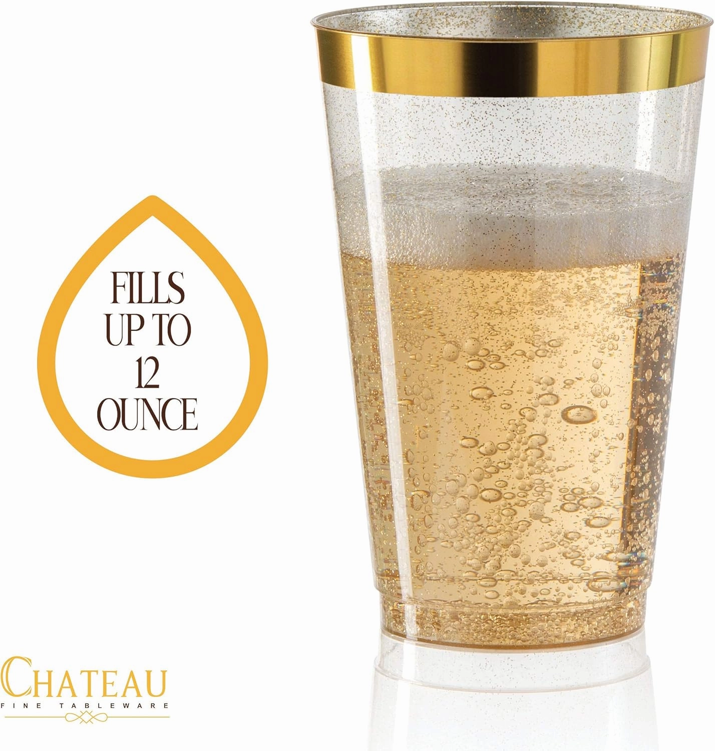 100 Gold Plastic Cups 12 oz Gold Glitter with a Gold Rim - Premium Disposable Party Cups - Elegant and Classy Sturdy Cups - Weddings Birthdays Anniversaries and Other Social Events
