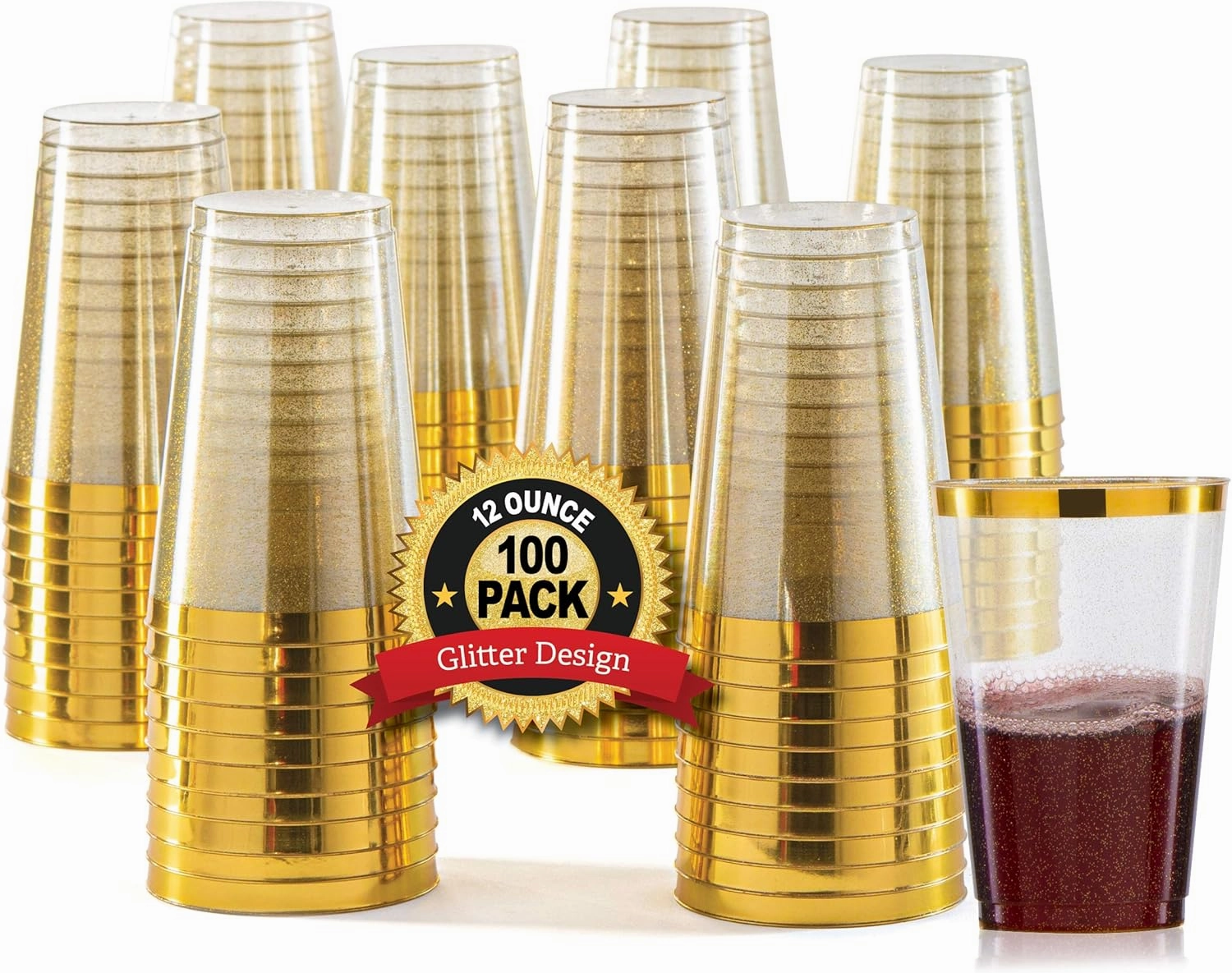 100 Gold Plastic Cups 12 oz Gold Glitter with a Gold Rim - Premium Disposable Party Cups - Elegant and Classy Sturdy Cups - Weddings Birthdays Anniversaries and Other Social Events