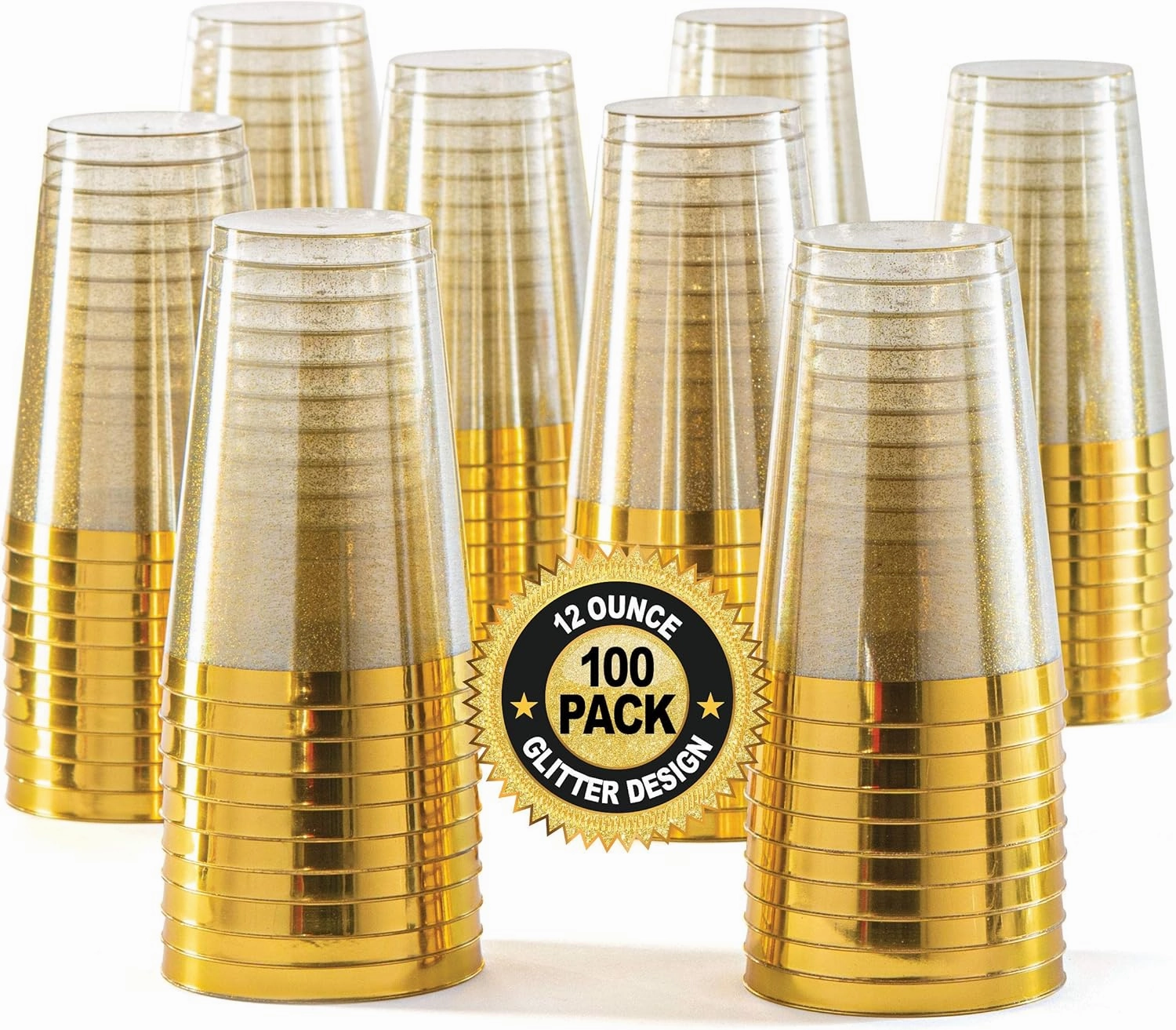 100 Gold Plastic Cups 12 oz Gold Glitter with a Gold Rim - Premium Disposable Party Cups - Elegant and Classy Sturdy Cups - Weddings Birthdays Anniversaries and Other Social Events
