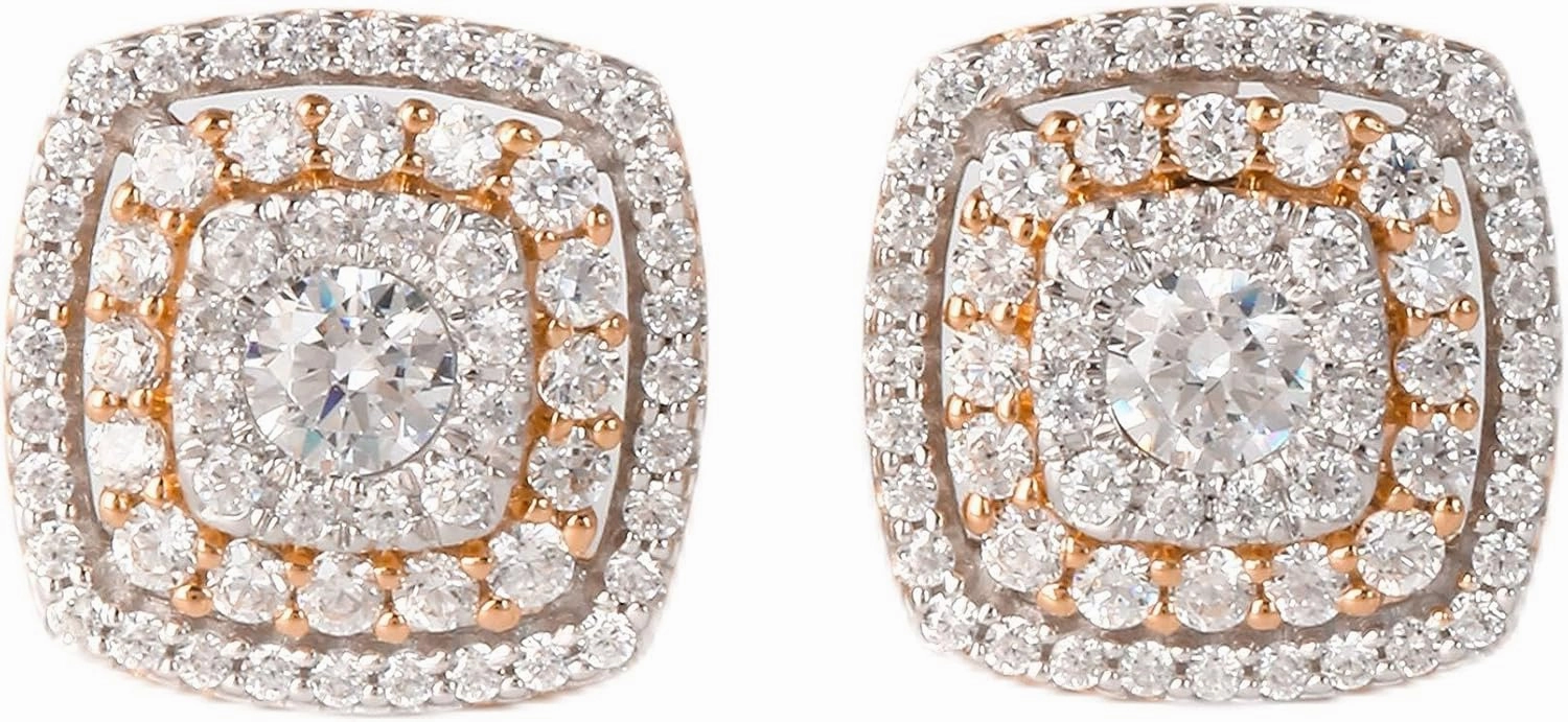 10k Gold 5/8ct. T.W. Diamond Cluster Double Cushion Frame Halo Stud Earrings for Women(I-J, I2)