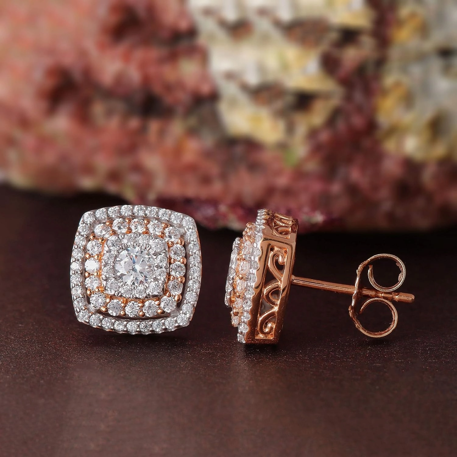 10k Gold 5/8ct. T.W. Diamond Cluster Double Cushion Frame Halo Stud Earrings for Women(I-J, I2)