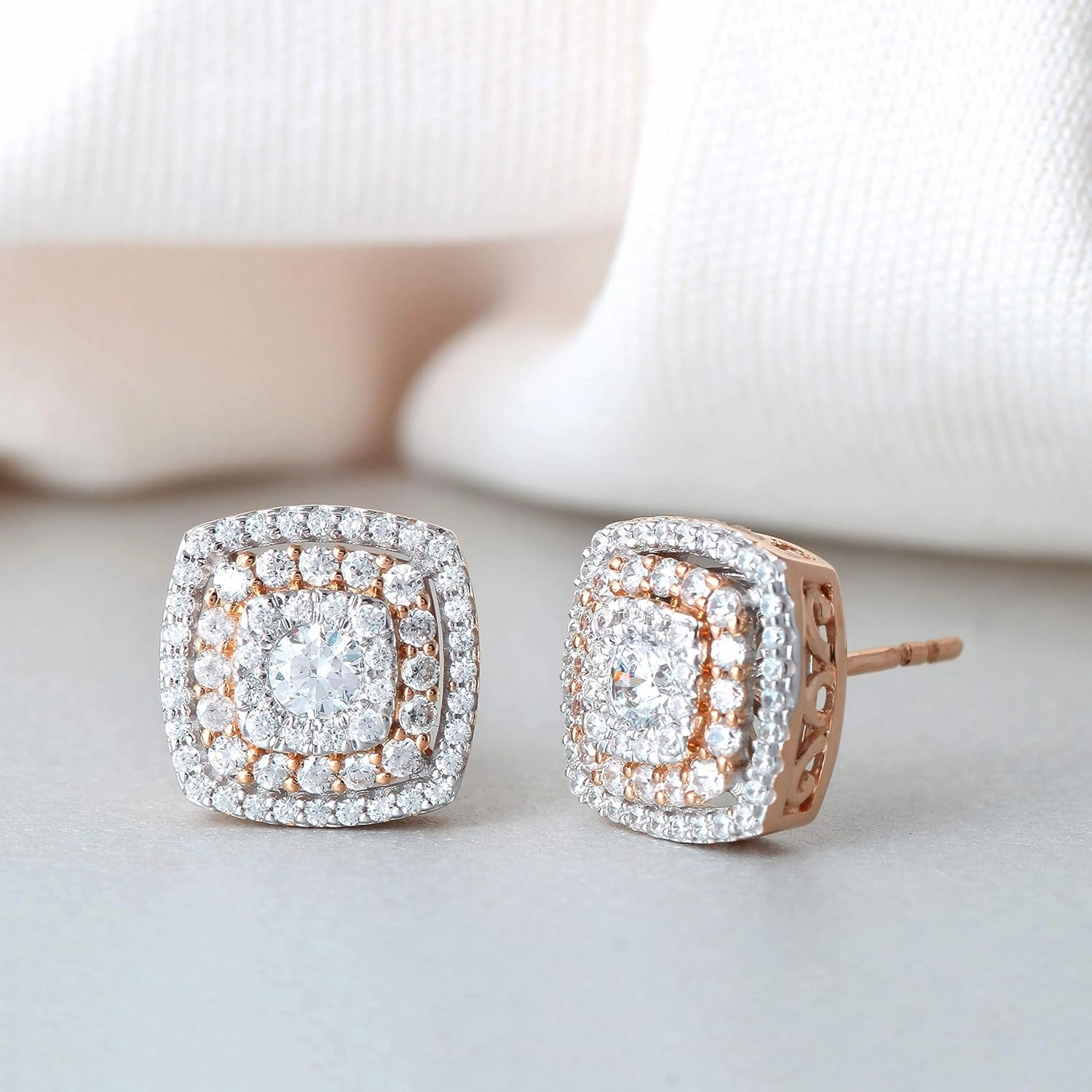 10k Gold 5/8ct. T.W. Diamond Cluster Double Cushion Frame Halo Stud Earrings for Women(I-J, I2)
