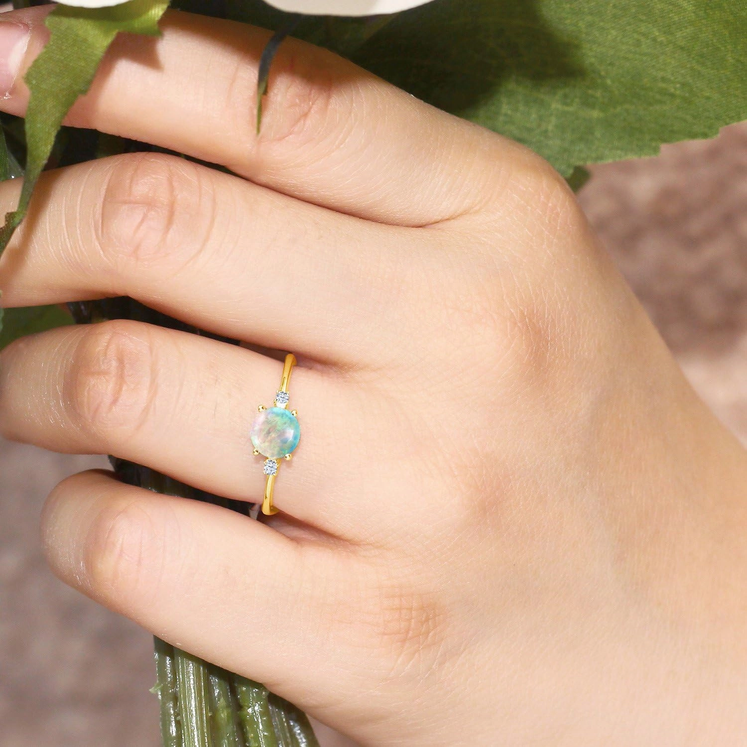 10K Yellow Gold Simulated White Opal and White Created Sapphire Solitaire Engagement Ring For Women (0.33 Cttw, Round Cabochon 6MM, Gemstone October Birthstone, Available in Size 5,6,7,8,9)