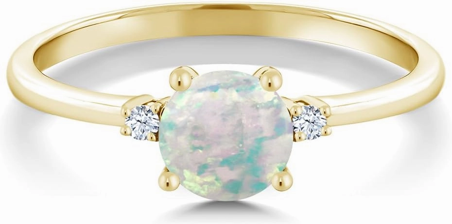 10K Yellow Gold Simulated White Opal and White Created Sapphire Solitaire Engagement Ring For Women (0.33 Cttw, Round Cabochon 6MM, Gemstone October Birthstone, Available in Size 5,6,7,8,9)