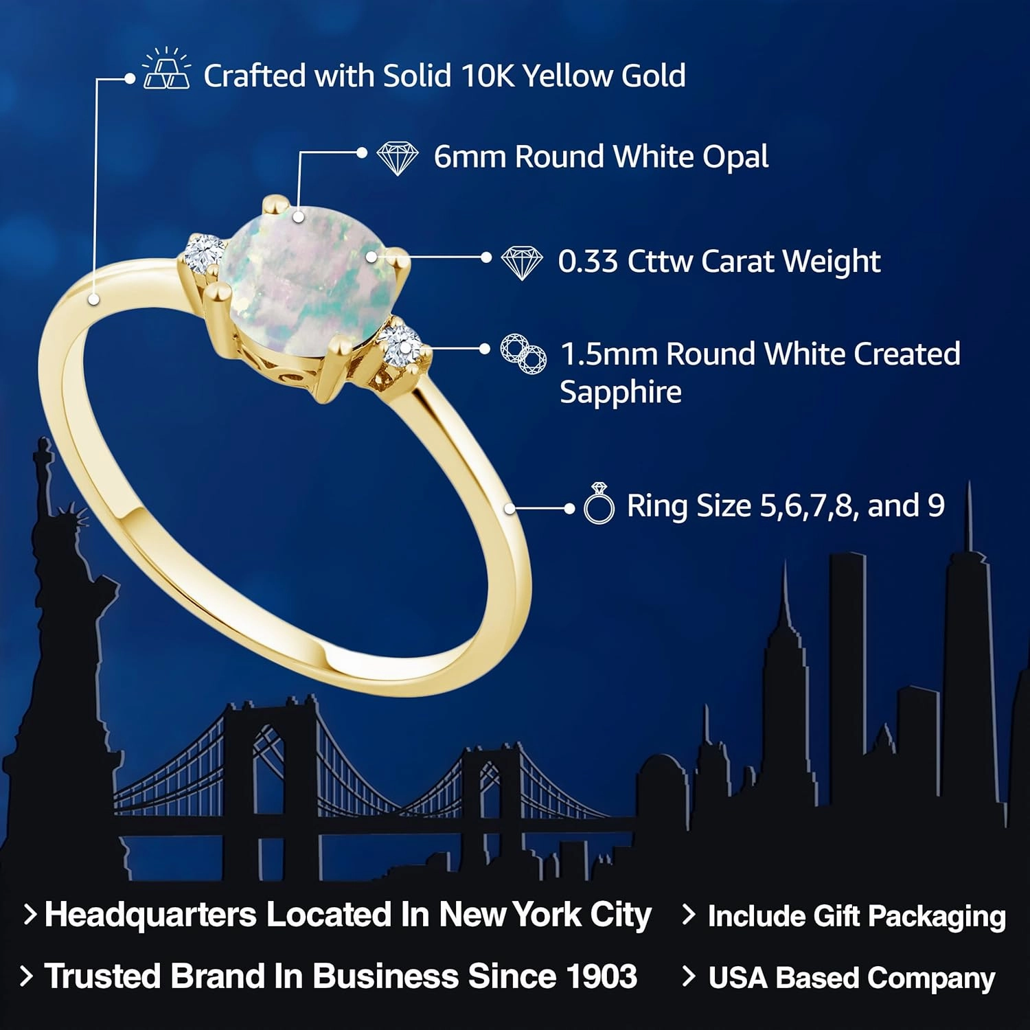 10K Yellow Gold Simulated White Opal and White Created Sapphire Solitaire Engagement Ring For Women (0.33 Cttw, Round Cabochon 6MM, Gemstone October Birthstone, Available in Size 5,6,7,8,9)
