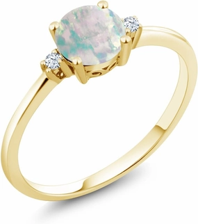 10K Yellow Gold Simulated White Opal and White Created Sapphire Solitaire Engagement Ring For Women (0.33 Cttw, Round Cabochon 6MM, Gemstone October Birthstone, Available in Size 5,6,7,8,9)