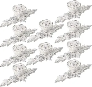 10pcs Rose Flower Cabinet Knobs Vintage Kitchen Shabby Chic Drawer Pull Handles with Base for Dresser Vanity Nightstand Cupboard Wardrobe Closet Drawer (Ivory White with Silver Edge)