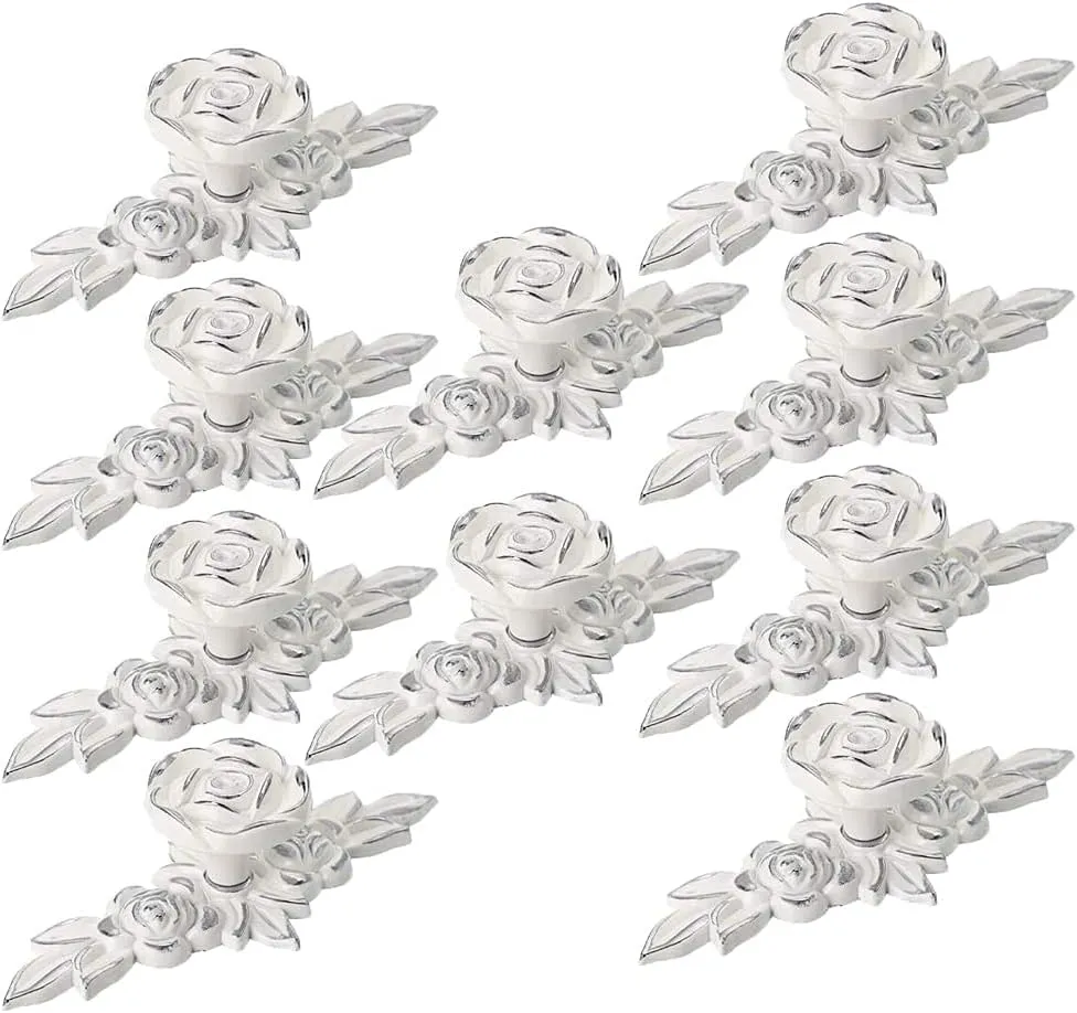 10pcs Rose Flower Cabinet Knobs Vintage Kitchen Shabby Chic Drawer Pull Handles with Base for Dresser Vanity Nightstand Cupboard Wardrobe Closet Drawer (Ivory White with Silver Edge)
