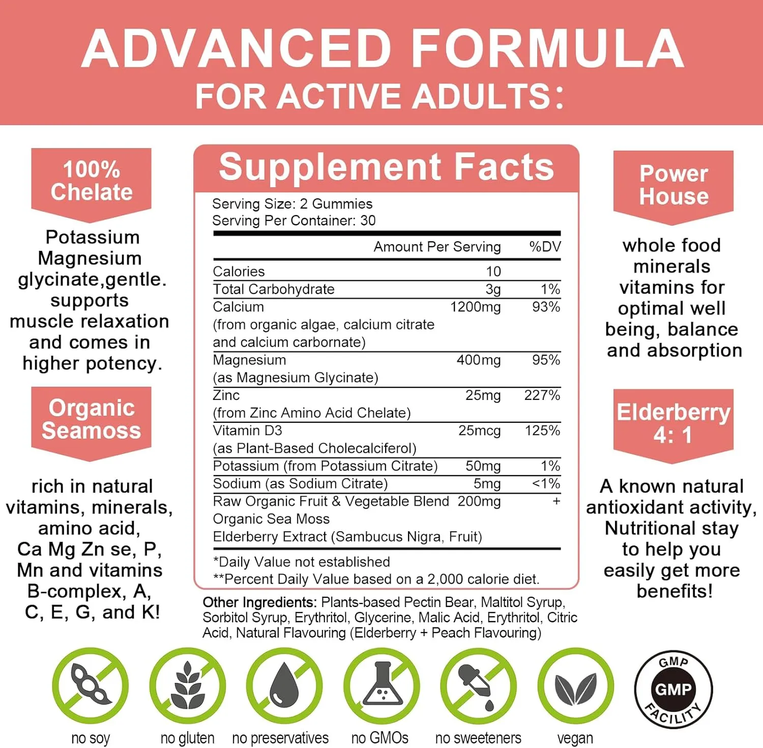 1200mg Calcium Gummies with D3,K2,Zinc - Plant Complex Calcium Magnesium Supplement with Glycinate,Potassium,Vitamin C &Whole Natural Food for Bone & Immune Support- 60 Chewable Gummy Sugar-Free