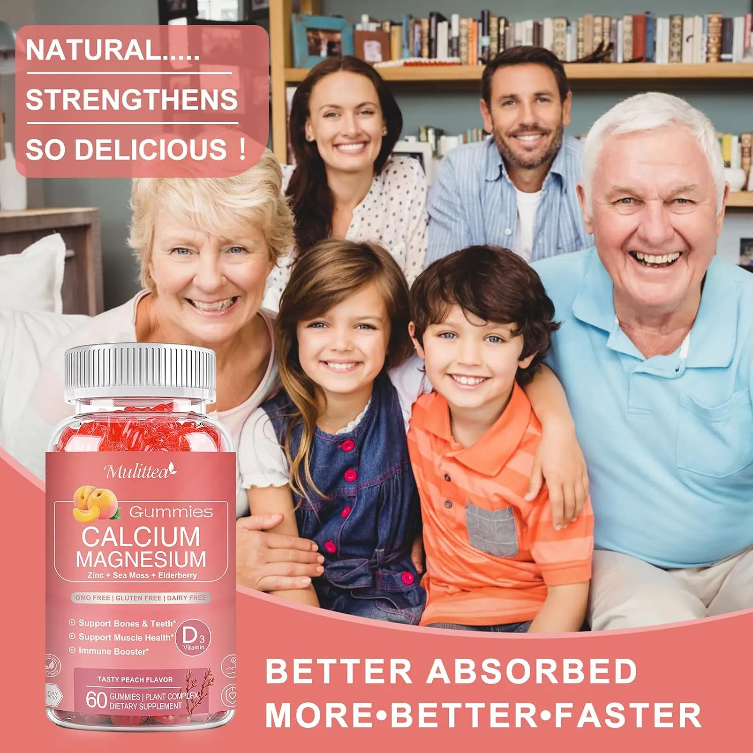 1200mg Calcium Gummies with D3,K2,Zinc - Plant Complex Calcium Magnesium Supplement with Glycinate,Potassium,Vitamin C &Whole Natural Food for Bone & Immune Support- 60 Chewable Gummy Sugar-Free