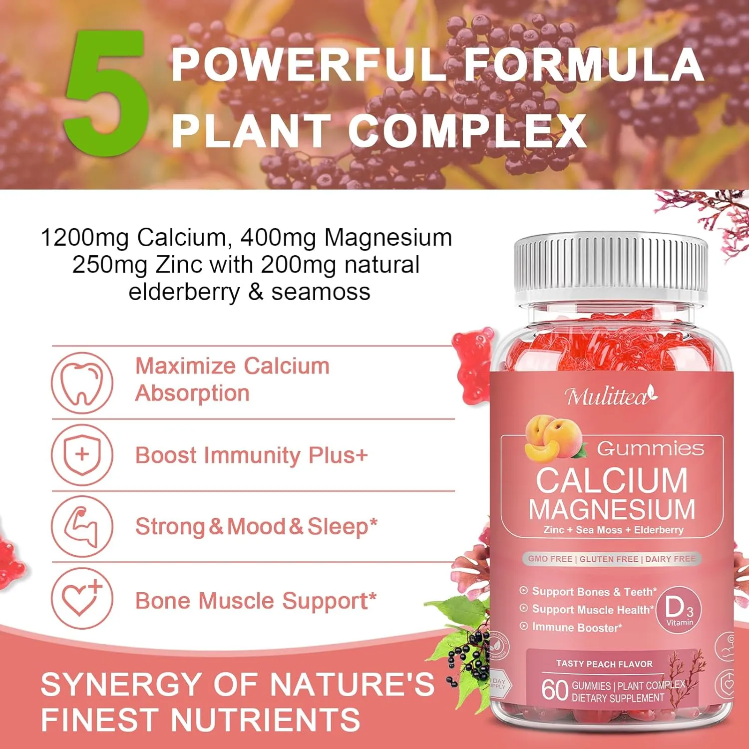 1200mg Calcium Gummies with D3,K2,Zinc - Plant Complex Calcium Magnesium Supplement with Glycinate,Potassium,Vitamin C &Whole Natural Food for Bone & Immune Support- 60 Chewable Gummy Sugar-Free