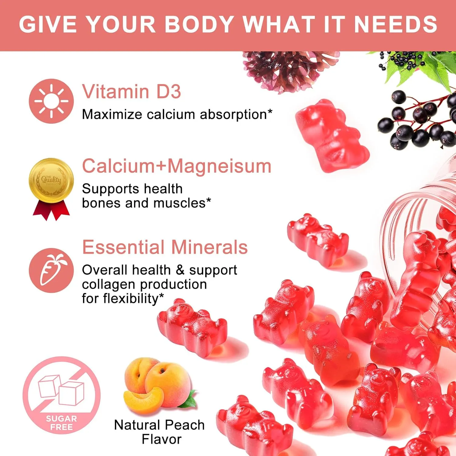 1200mg Calcium Gummies with D3,K2,Zinc - Plant Complex Calcium Magnesium Supplement with Glycinate,Potassium,Vitamin C &Whole Natural Food for Bone & Immune Support- 60 Chewable Gummy Sugar-Free