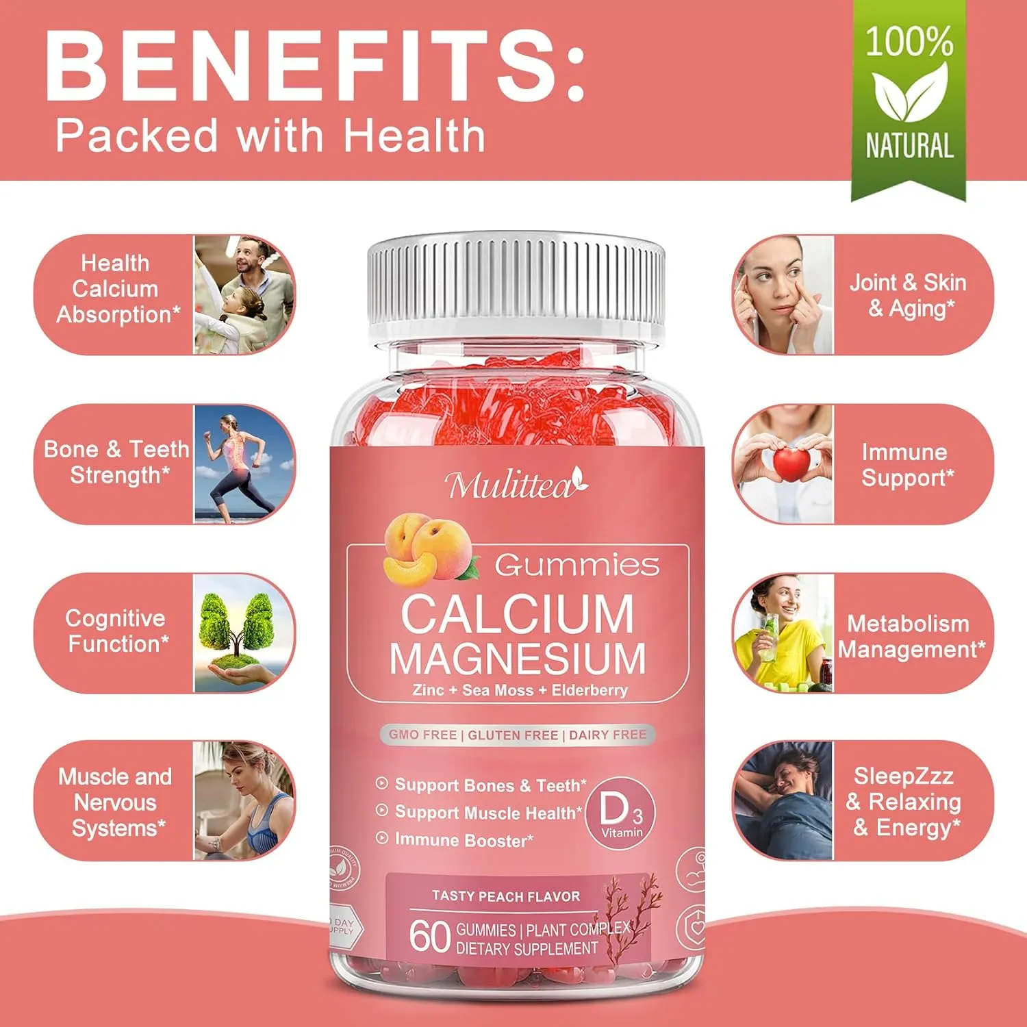1200mg Calcium Gummies with D3,K2,Zinc - Plant Complex Calcium Magnesium Supplement with Glycinate,Potassium,Vitamin C &Whole Natural Food for Bone & Immune Support- 60 Chewable Gummy Sugar-Free