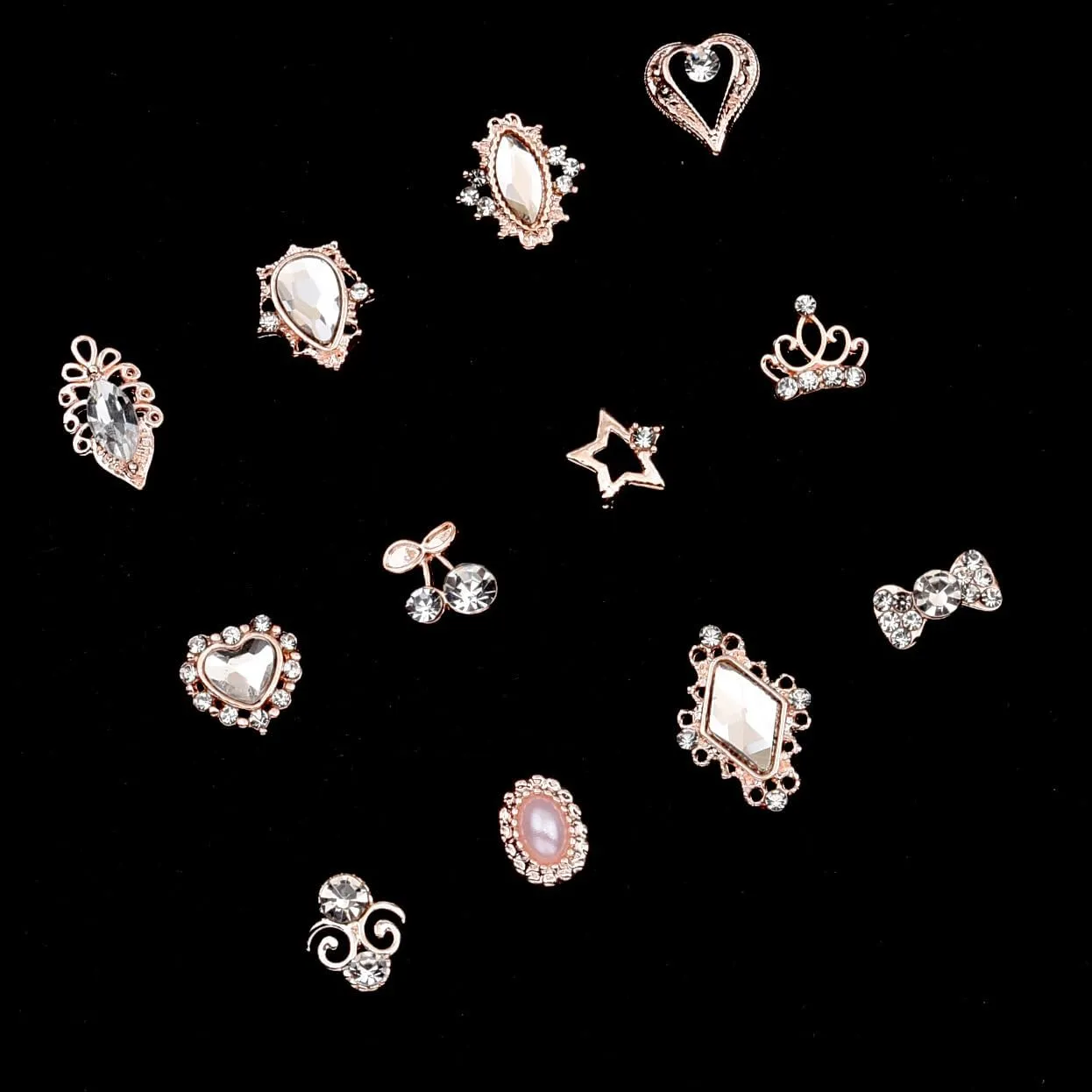 120pcs Rose Gold Nail Rhinestone Charms 3d Heart Gems Alloy Nail Art Jewelry Star Crown Crystal Rhinestone Nail Studs Shining Cherry Stone Jewels for Y2k Women Girl Acrylic Nails Design DIY Crafts Set