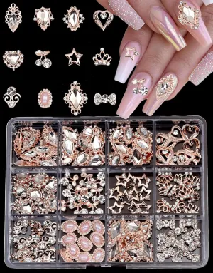 120pcs Rose Gold Nail Rhinestone Charms 3d Heart Gems Alloy Nail Art Jewelry Star Crown Crystal Rhinestone Nail Studs Shining Cherry Stone Jewels for Y2k Women Girl Acrylic Nails Design DIY Crafts Set