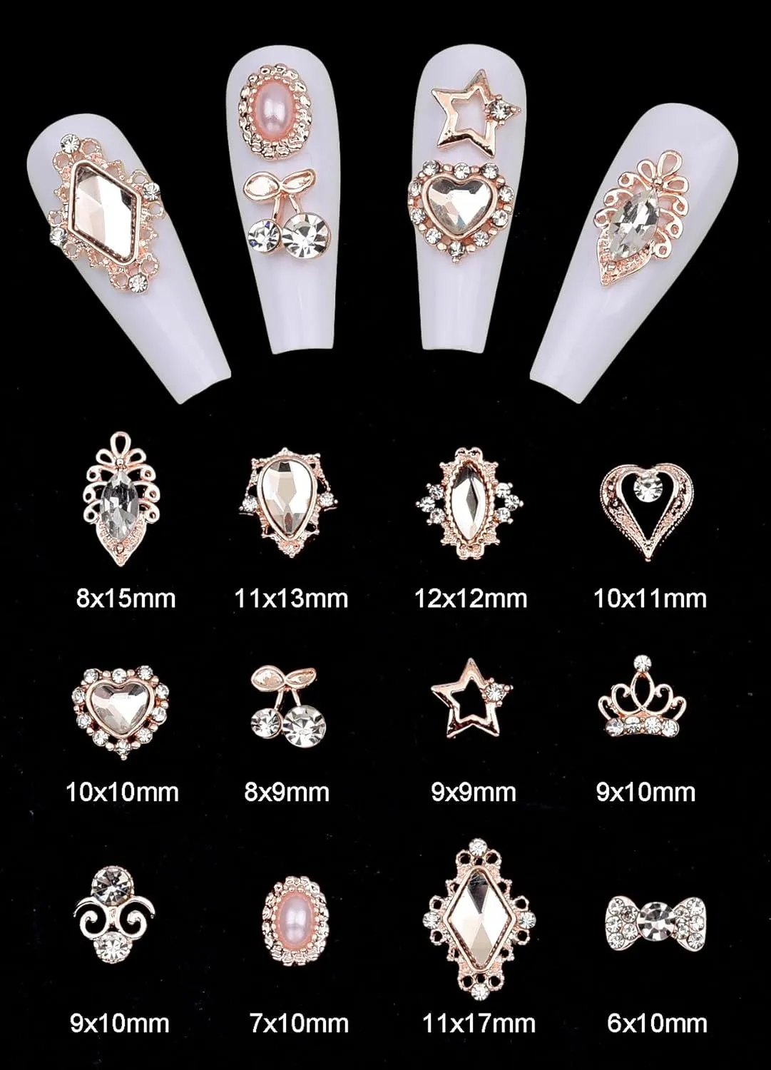 120pcs Rose Gold Nail Rhinestone Charms 3d Heart Gems Alloy Nail Art Jewelry Star Crown Crystal Rhinestone Nail Studs Shining Cherry Stone Jewels for Y2k Women Girl Acrylic Nails Design DIY Crafts Set