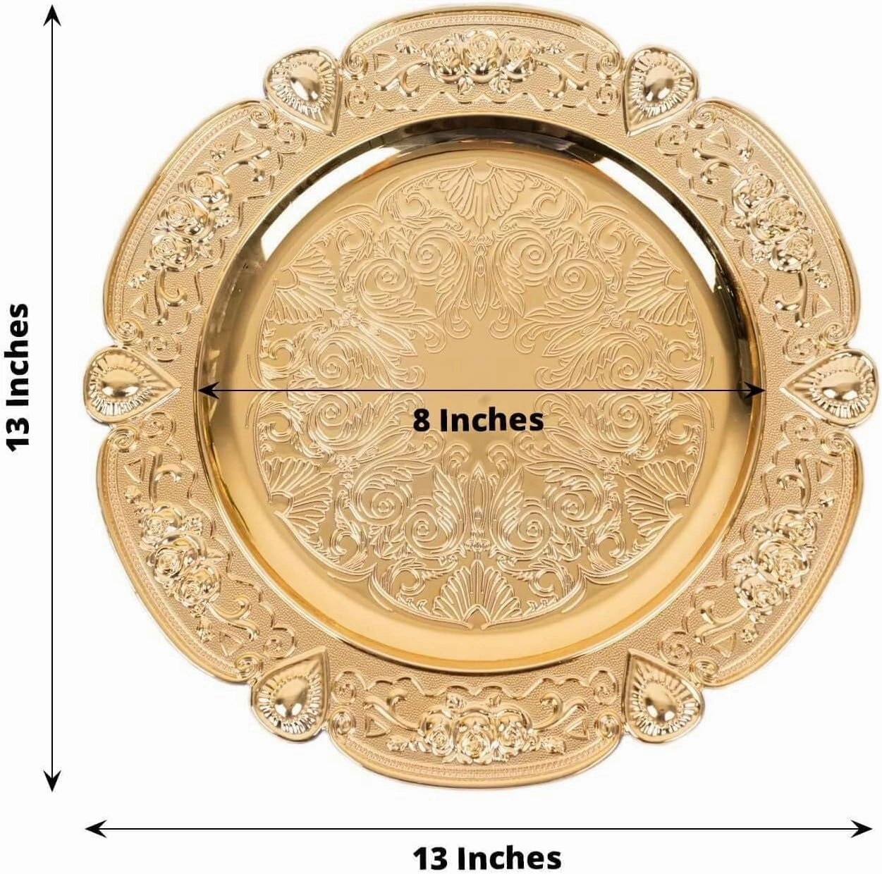 12-Pack Acrylic Charger Plates, Round 13" Gold Floral Embossed with Scalloped Rim – Decorative Dinner Serving Plates Party Tableware