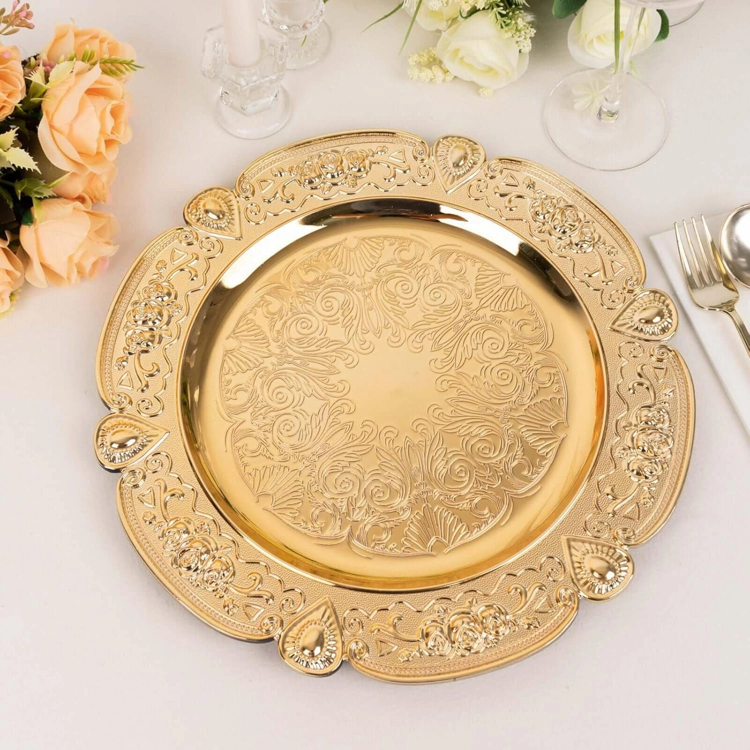 12-Pack Acrylic Charger Plates, Round 13" Gold Floral Embossed with Scalloped Rim – Decorative Dinner Serving Plates Party Tableware