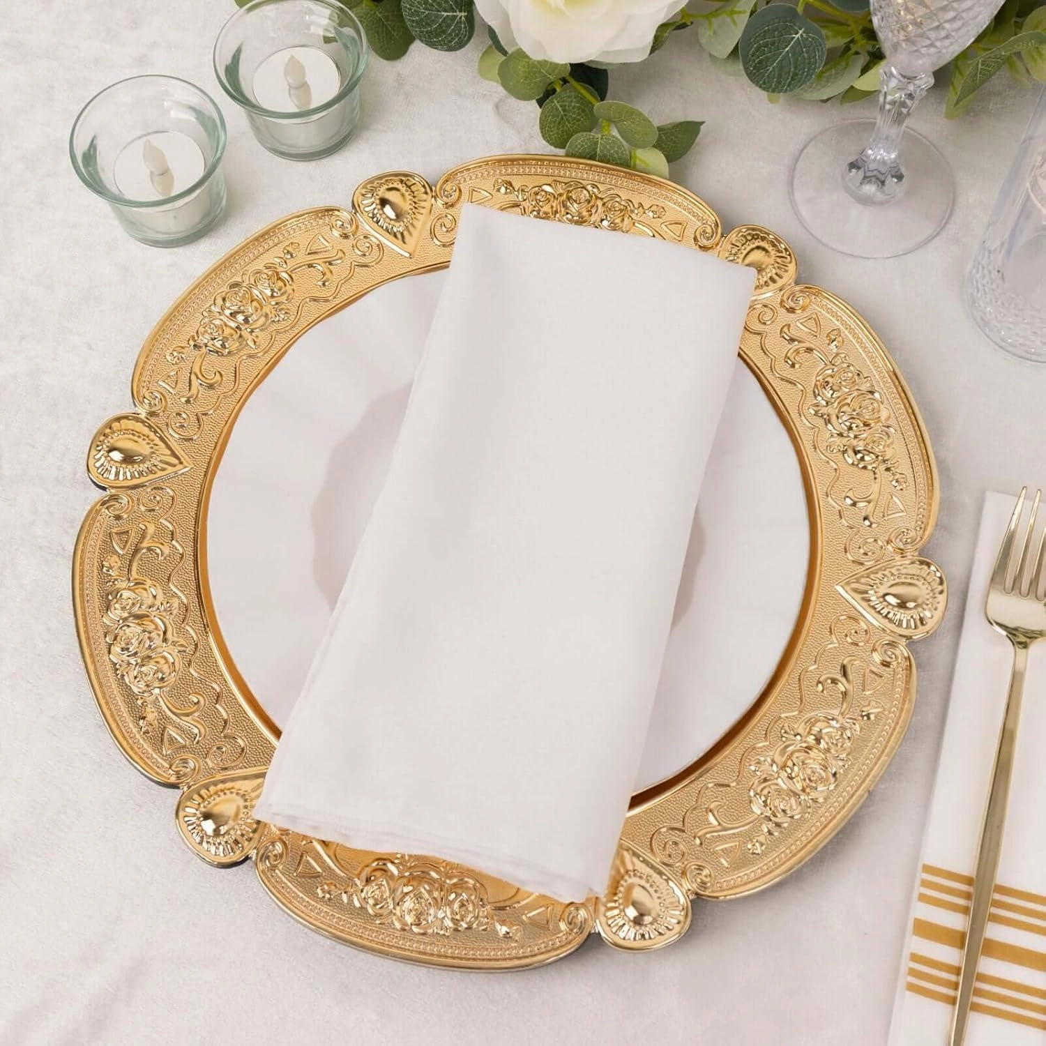 12-Pack Acrylic Charger Plates, Round 13" Gold Floral Embossed with Scalloped Rim – Decorative Dinner Serving Plates Party Tableware