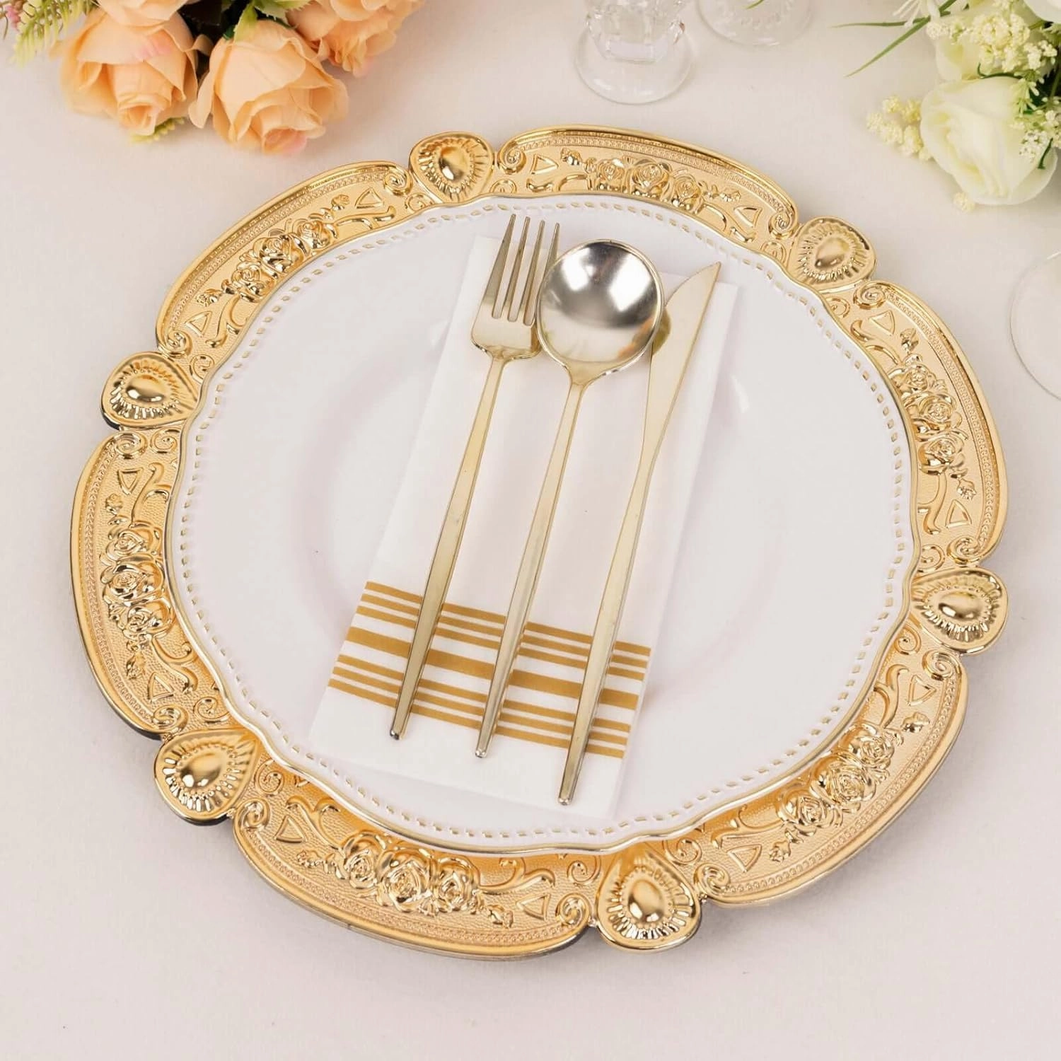 12-Pack Acrylic Charger Plates, Round 13" Gold Floral Embossed with Scalloped Rim – Decorative Dinner Serving Plates Party Tableware