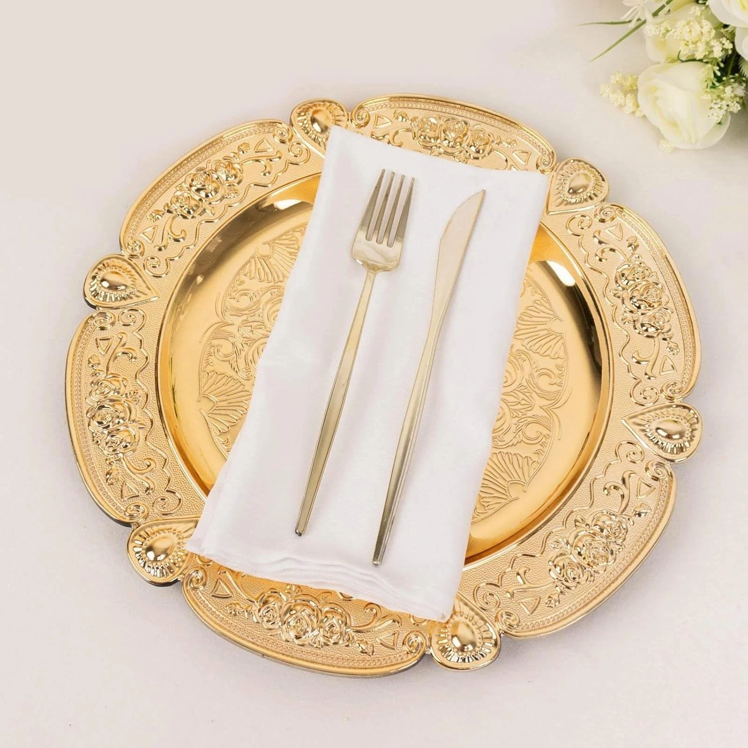 12-Pack Acrylic Charger Plates, Round 13" Gold Floral Embossed with Scalloped Rim – Decorative Dinner Serving Plates Party Tableware