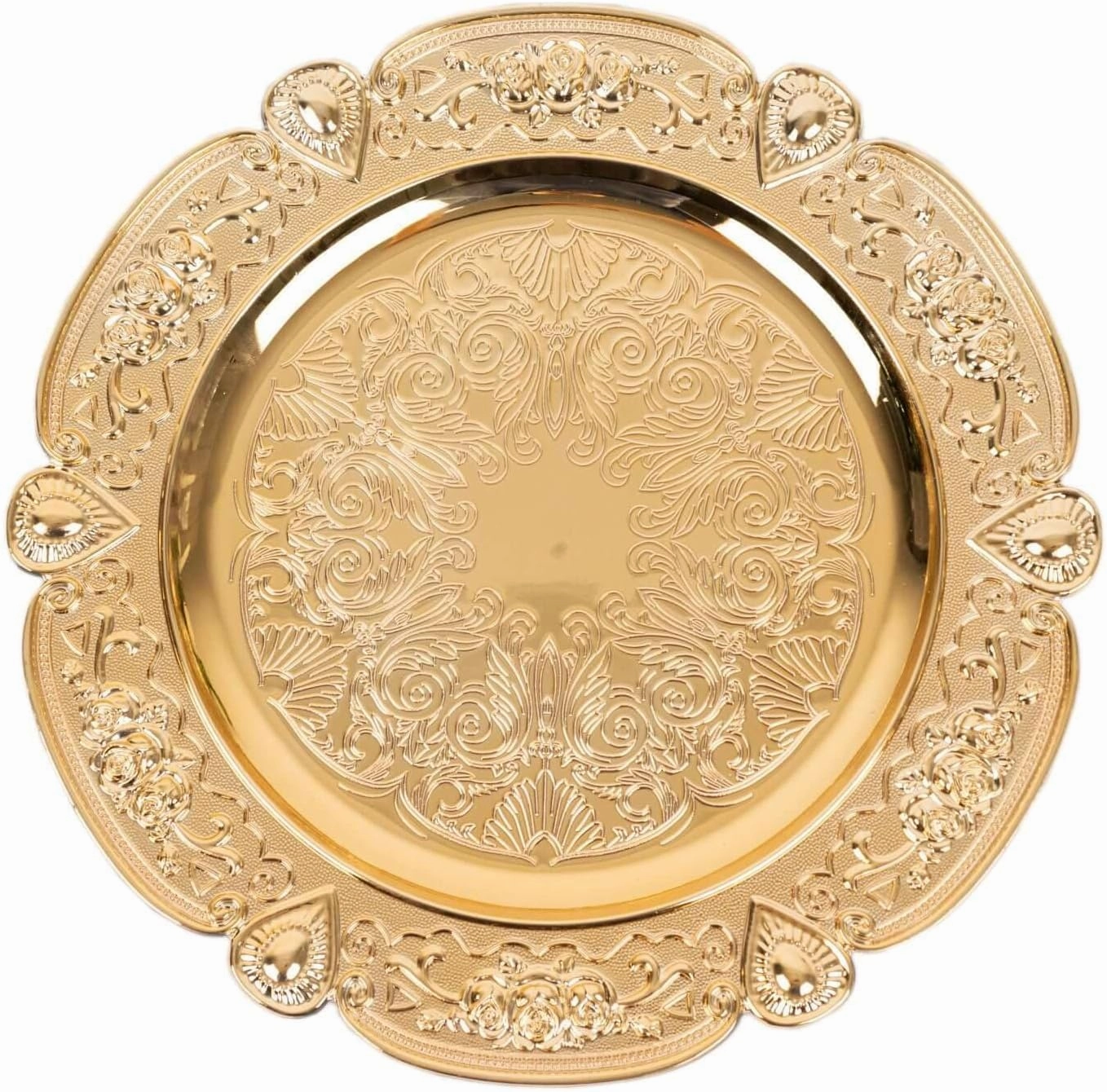 12-Pack Acrylic Charger Plates, Round 13" Gold Floral Embossed with Scalloped Rim – Decorative Dinner Serving Plates Party Tableware