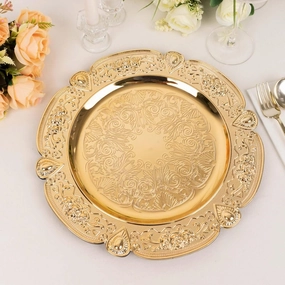 12-Pack Acrylic Charger Plates, Round 13" Gold Floral Embossed with Scalloped Rim – Decorative Dinner Serving Plates Party Tableware