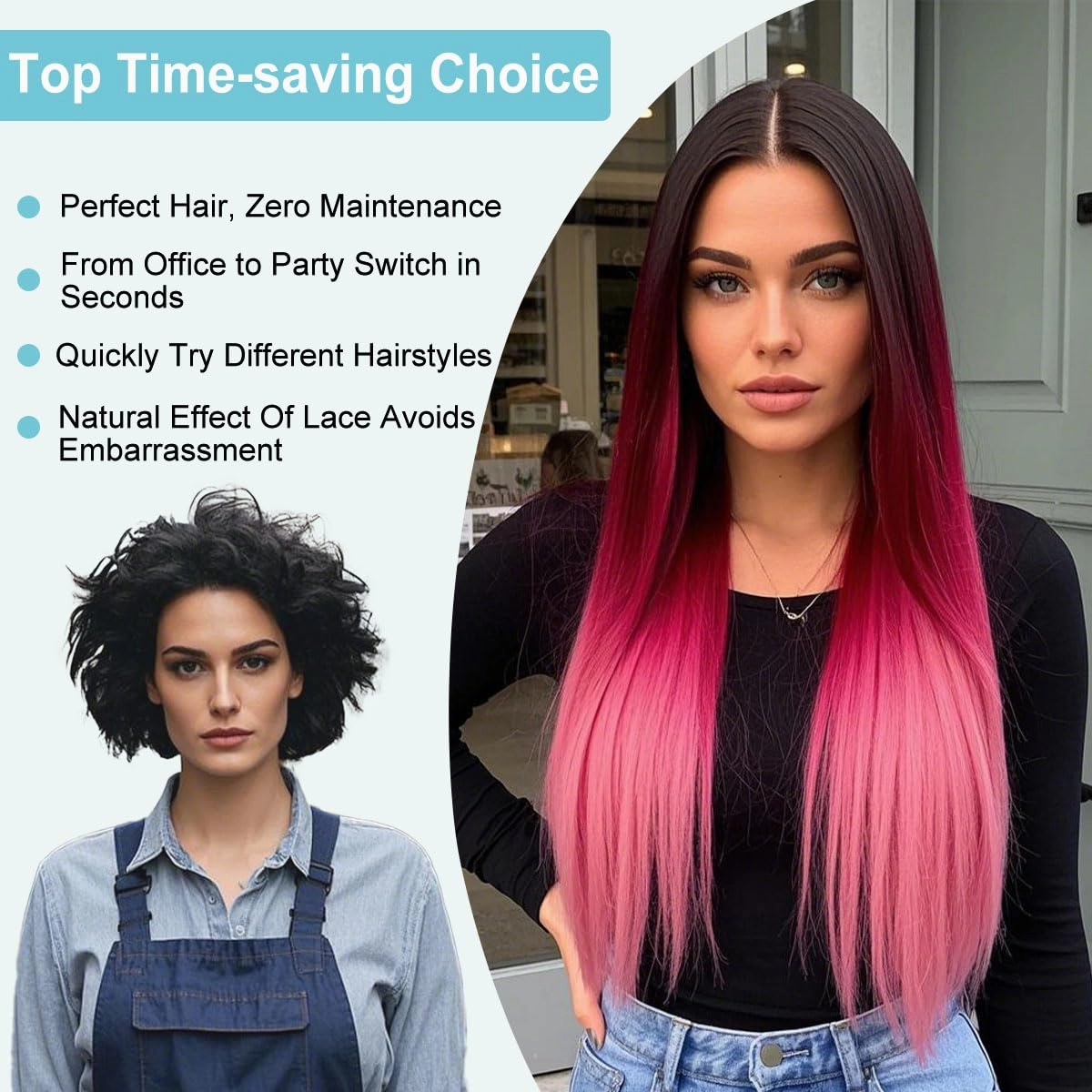 13x6 Synthetic Lace Front Wig - Glueless Ready to Wear 26" Pink Wigs for Black Women, Pre-Plucked Baby Hair Heat-Resistant Ombre Hot Pink Wig for Daily Party