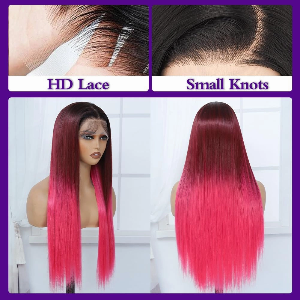 13x6 Synthetic Lace Front Wig - Glueless Ready to Wear 26" Pink Wigs for Black Women, Pre-Plucked Baby Hair Heat-Resistant Ombre Hot Pink Wig for Daily Party