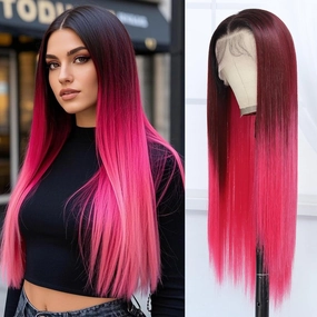 13x6 Synthetic Lace Front Wig - Glueless Ready to Wear 26" Pink Wigs for Black Women, Pre-Plucked Baby Hair Heat-Resistant Ombre Hot Pink Wig for Daily Party