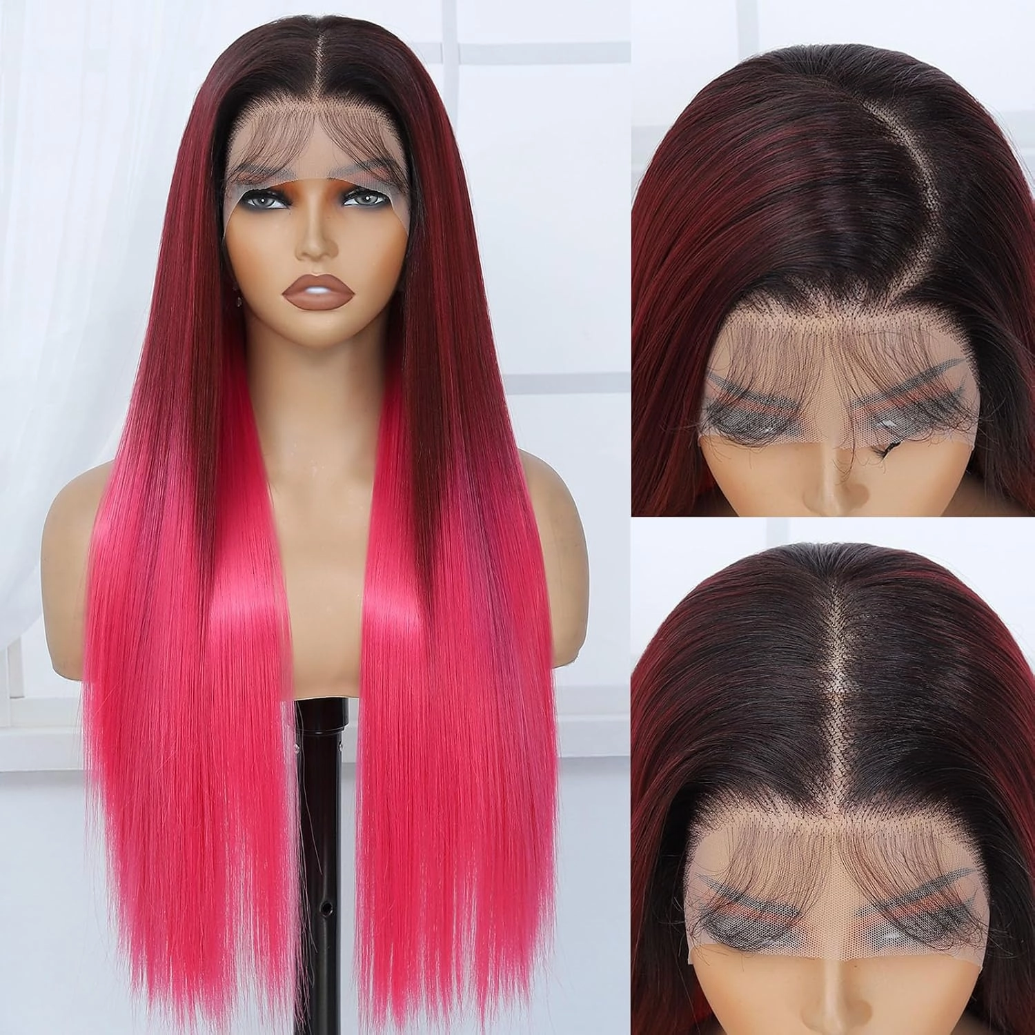 13x6 Synthetic Lace Front Wig - Glueless Ready to Wear 26" Pink Wigs for Black Women, Pre-Plucked Baby Hair Heat-Resistant Ombre Hot Pink Wig for Daily Party