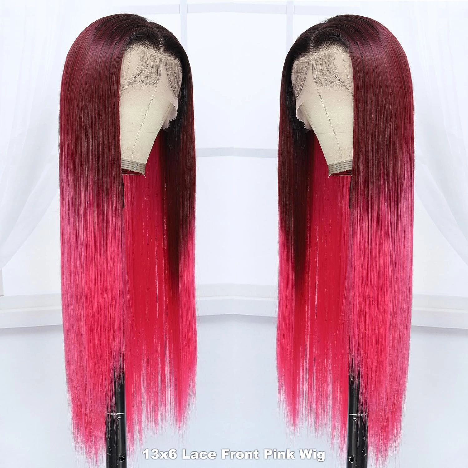 13x6 Synthetic Lace Front Wig - Glueless Ready to Wear 26" Pink Wigs for Black Women, Pre-Plucked Baby Hair Heat-Resistant Ombre Hot Pink Wig for Daily Party