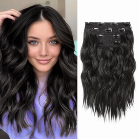 14" Short Clip in Hair Extensions - 4PCS Beach Wave Black Brown Natural Soft Synthetic Hairpiece for Women