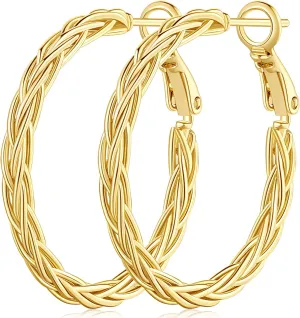 14K Gold Hoop Earrings for Women Thick Twisted Hoops Earrings Fine Weave Design 14K Gold Earring Women Jewelry 30MM