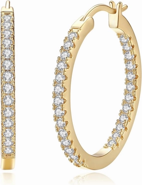 14K Gold Hoop Earrings for Women 14K Gold Earrings Radiant Cubic Zirconia Hoop Earring for Womens Earring (30mm)