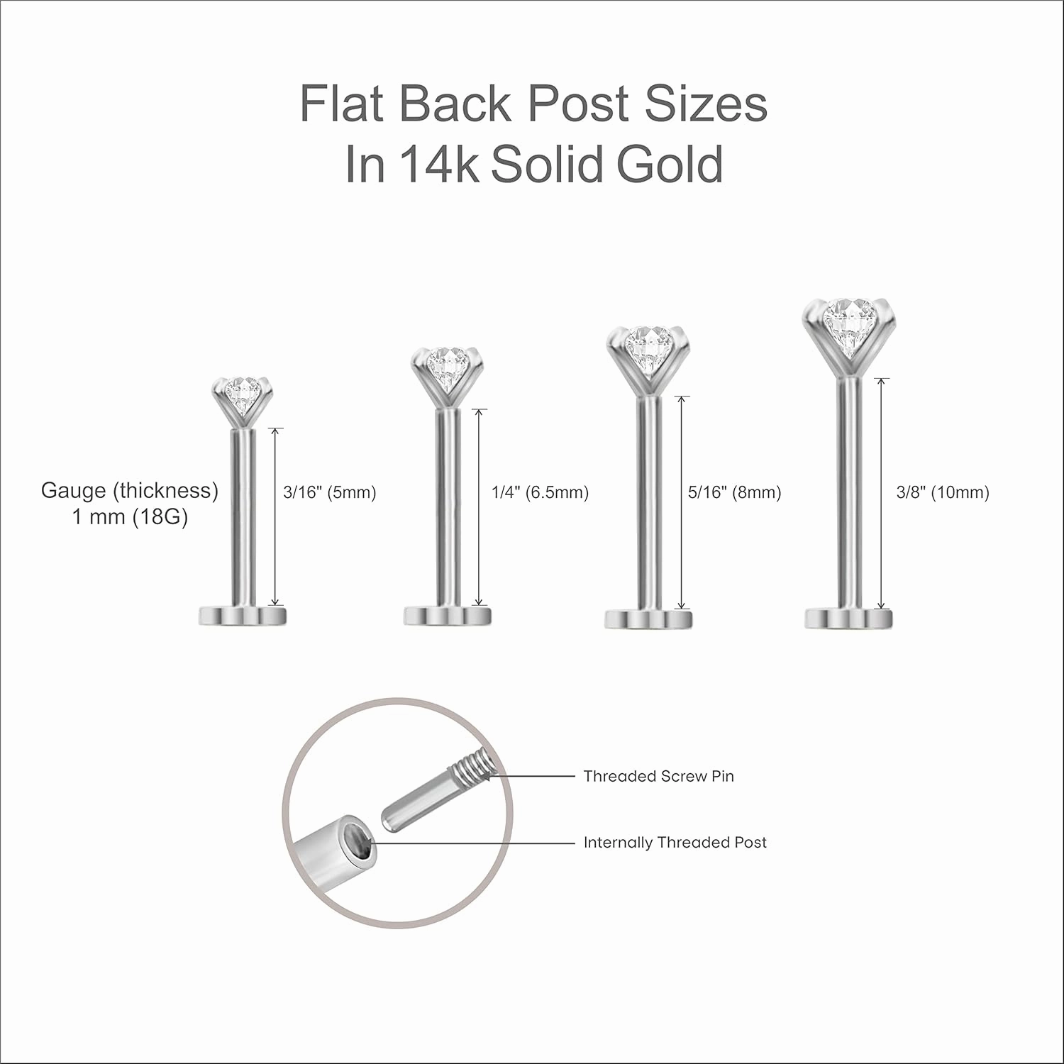14K Solid Gold Birthstone Flat Back Stud Earring for Women Cartilage Earring Threaded Earlobe Tragus Helix Piercing Jewelry Nose Ring Gemstone Earring for Upper Ear Minimalist SINGLE STUD or PAIR