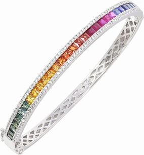 14K White Gold Genuine Multicolor Sapphire Princess Cut 4-5/8 Ct Bangle Bracelet with Diamonds