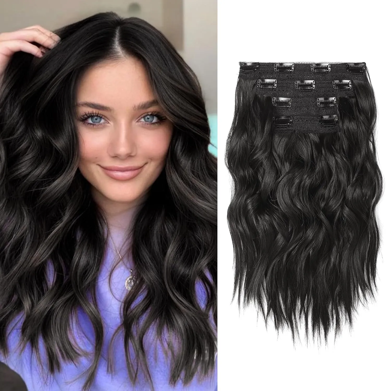 14" Short Clip in Hair Extensions - 4PCS Beach Wave Black Brown Natural Soft Synthetic Hairpiece for Women