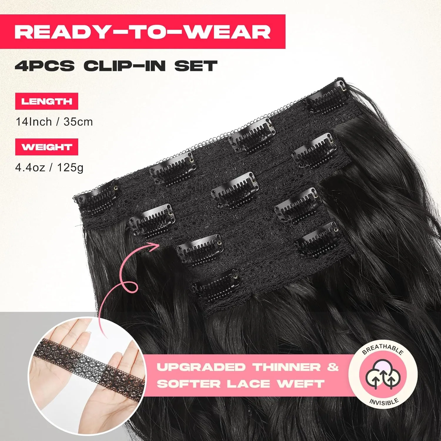 14" Short Clip in Hair Extensions - 4PCS Beach Wave Black Brown Natural Soft Synthetic Hairpiece for Women