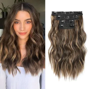 14" Short Clip in Hair Extensions - 4PCS Beach Wave Chocolate Brown With Highlights, Natural Soft Synthetic Hairpiece for Women