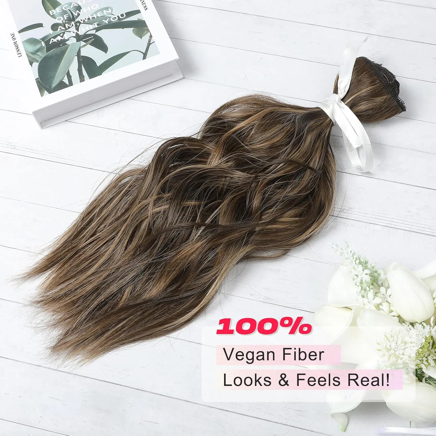 14" Short Clip in Hair Extensions - 4PCS Beach Wave Chocolate Brown With Highlights, Natural Soft Synthetic Hairpiece for Women