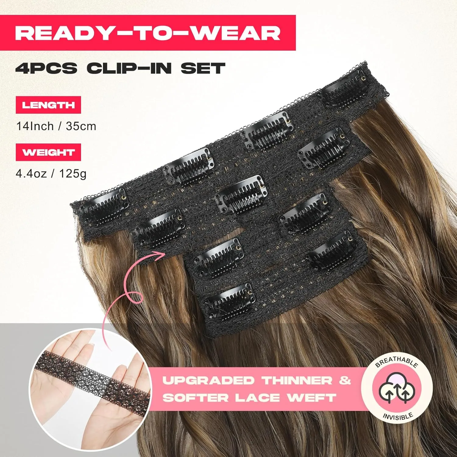 14" Short Clip in Hair Extensions - 4PCS Beach Wave Chocolate Brown With Highlights, Natural Soft Synthetic Hairpiece for Women