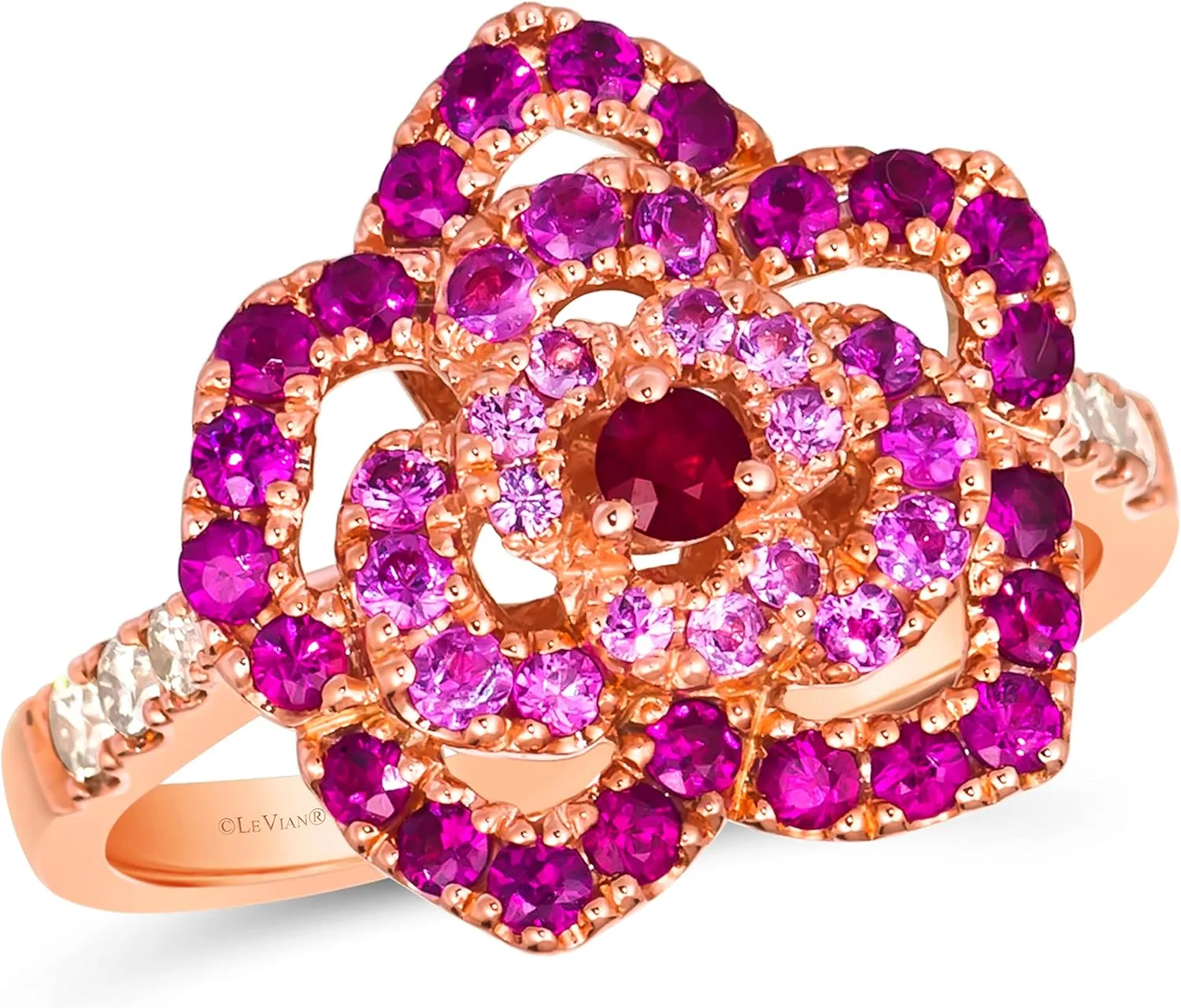 1/5 Carat Diamond with 1 Carat Red Ruby and Pink Sapphire Rose Flower Ring for Women in 14k Rose Gold (White, 1.13 cttw) Anniversary Ring Size 4 to 10 by LeVian