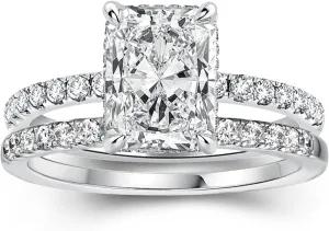 1.5 Carat Radiant Cut Engagement Ring Set, Sterling Silver 5A Cubic Zirconia Simulated Diamond Wedding Ring Set for Women