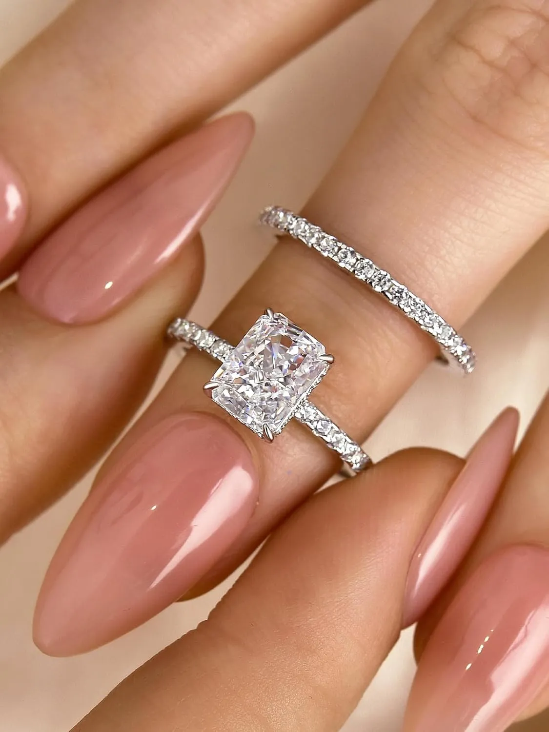 1.5 Carat Radiant Cut Engagement Ring Set, Sterling Silver 5A Cubic Zirconia Simulated Diamond Wedding Ring Set for Women