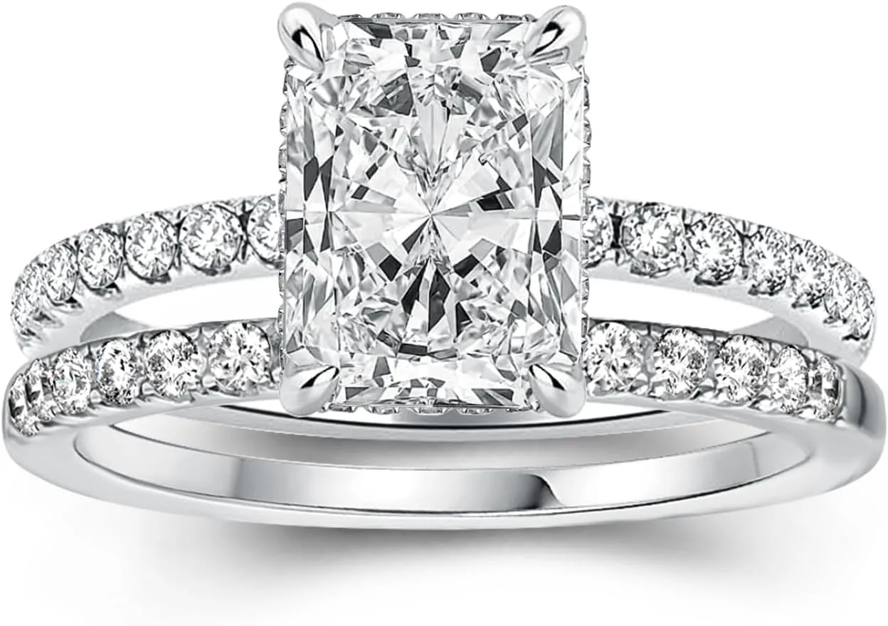 1.5 Carat Radiant Cut Engagement Ring Set, Sterling Silver 5A Cubic Zirconia Simulated Diamond Wedding Ring Set for Women