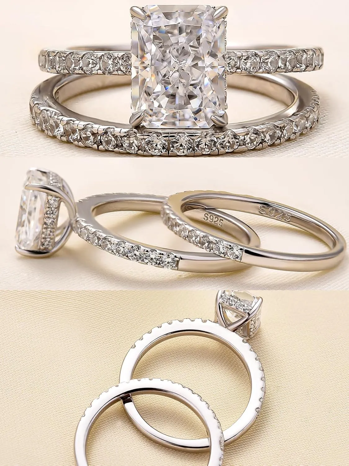 1.5 Carat Radiant Cut Engagement Ring Set, Sterling Silver 5A Cubic Zirconia Simulated Diamond Wedding Ring Set for Women